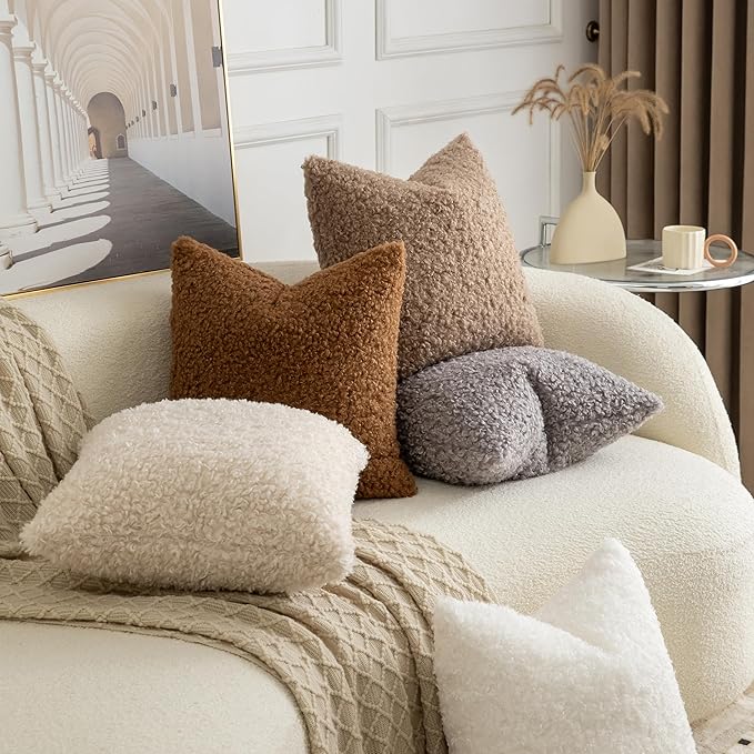Pack of 2 Curly Teddy Wool Faux Fur Throw Pillow Covers Fuzzy Accent Soft Sherpa Pillowcases Sheepskin Fleece Decorative Cushion Case for Sofa Couch Living Room 18x18 Inch Khaki