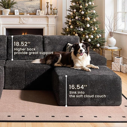 114" Glitter Cloud Sectional Couch with L-Shape Chaise & Ottoman, Modern Boneless Couches for Living Room, Fluffy Tufted Deep Seat Modular Sofa No Assembly (Gray Sparkly Velvet,Left Facing)