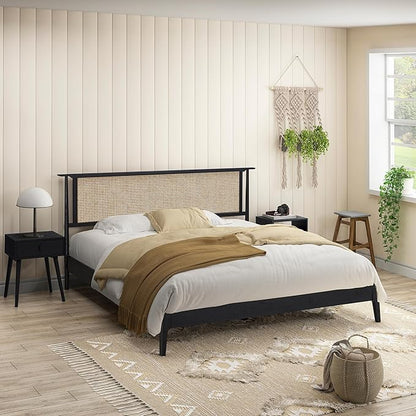 NTC Ruby Wooden Bed Frame with Headboard and Natural Rattan, Solid Oak Foundation with Silent Slats, 1000 Lb Capacity, Effortless Assembly, Queen - Burnt Black