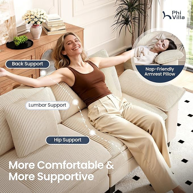 PHI VILLA Cloud Modular Couches Sets, 87.5" Sectional Loveseat Sofa with Upholstered Deep Seat, 2-Seater Comfy Couches for Living Room Bedroom, Chenille Corduroy Dual Fabric, Beige