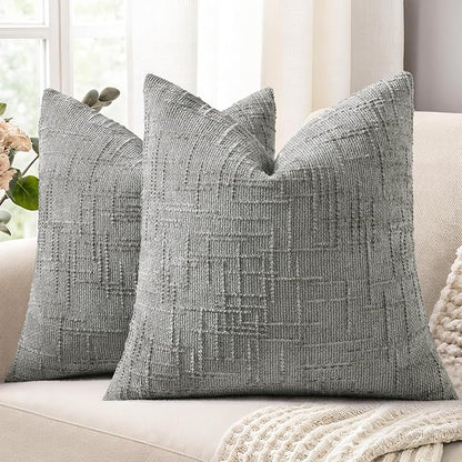decorUhome Neutral Grey Chenille Throw Pillow Covers 16x16 Set of 2 Thick Textured Slubby Couch Pillow Covers Farmhouse Accent Modern Neutral Decorative Pillow Cases for Bed Sofa Living Room