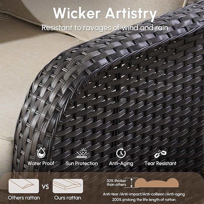 4 Pieces Wicker Patio Furniture - All-Weather PE Wicker Outdoor Conversation Bistro Set Loveseat Chairs with Table,Outdoor Rattan Sofa Chair High Back Deep Seating,Beige