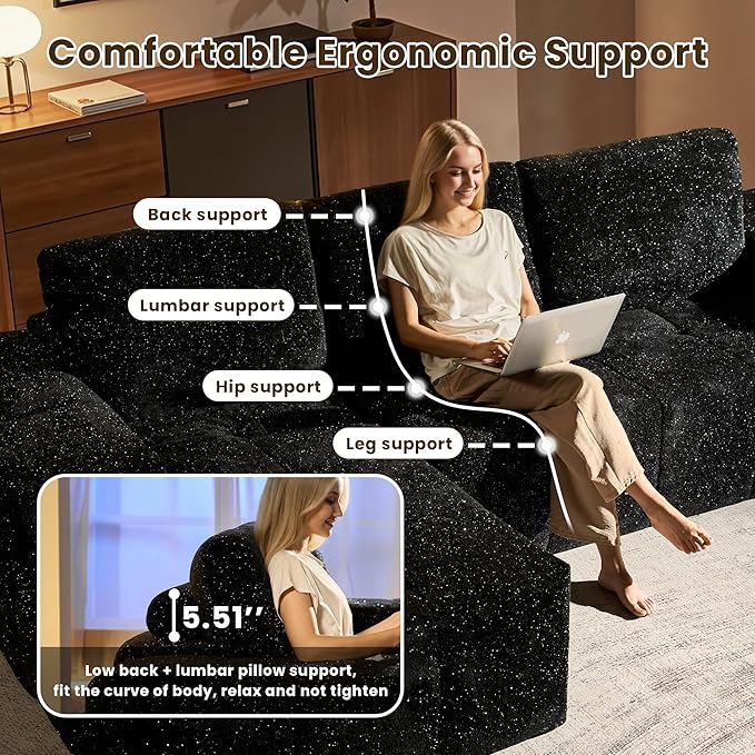 114" Glitter Cloud Sectional Couch with L-Shape Chaise, Modern Boneless Couches for Living Room, Fluffy Tufted Deep Seat Modular Sofa in a Box No Assembly