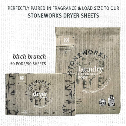 Grab Green Stoneworks Laundry Detergent Pods, Powered by Naturally Derived Plant & Mineral-Based Powder Pods, Birch Branch, 50 Loads (Pack of 1) - EPA Safer Choice Certified