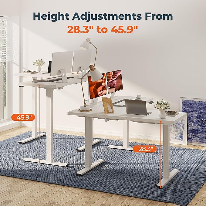 L-Shaped Standing Desk, 63 x 55 Inches Height Adjustable Desk, Sit and Stand up for Work Office Home, Ergonomic Rising Computer Table for Home Office with Splice Board, White