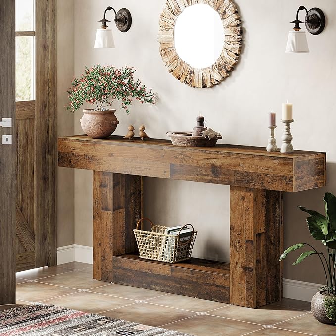 Tribesigns 63" Console Table, Farmhouse 2-Tier Entryway Table with U-Shaped Base, Narrow Long Wood Sofa Table Behind Couch Table for Living Room, Hallway, Foyer, Mix Brown