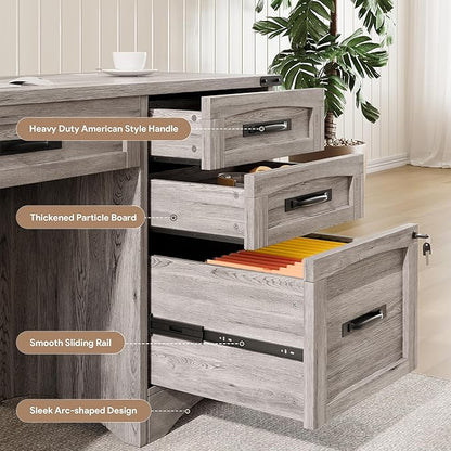 Farmhouse Executive Desk with Drawers, 55" Home Office Desks with Fast Charging Station, Lockable File Cabinet, Wood Writing Computer Desk for Work, Study, Grey