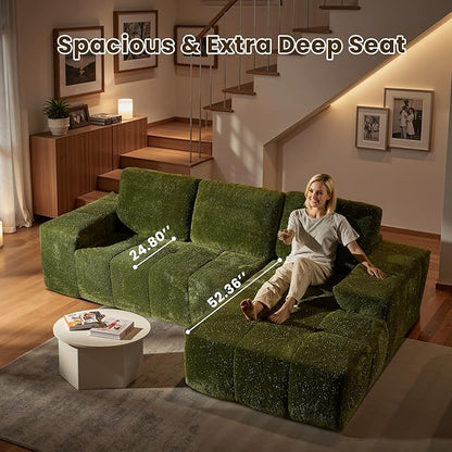 114" Glitter Cloud Sectional Couch with L-Shape Chaise, Modern Boneless Couches for Living Room Christmas Party, Fluffy Tufted Deep Seat Modular Sofa in a Box No Assembly