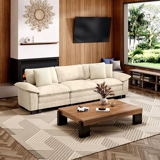 123" Cloud Modular Sectional Sofa, 3-Seater w/Deep Seat & Removable Arms, Plush Chenille for Living Room - Beige
