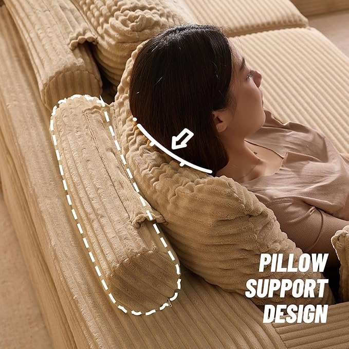 138" Boneless Couch with Deep Seat, Modular Sectional Sofa, Cloud Sectional Couch for Living Room, No Assembly Required, Corduroy, 4 Seater L-Shape Left, Camel