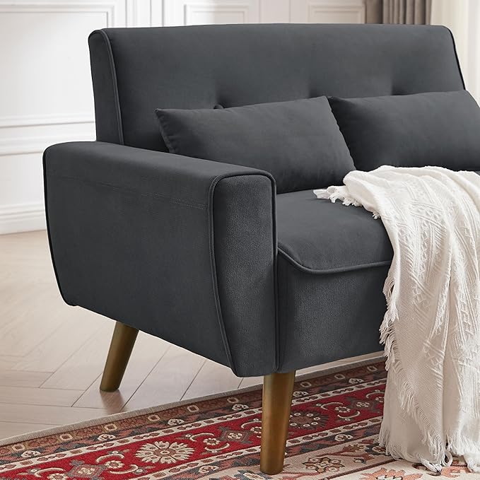 48.8" Small Loveseat Sofa, Mid Century Modern Love Seat Couch with Back Cushions and Plastic Legs, 2 Seater Couches for Living Room, Bedroom, Small Spaces, Dark Grey