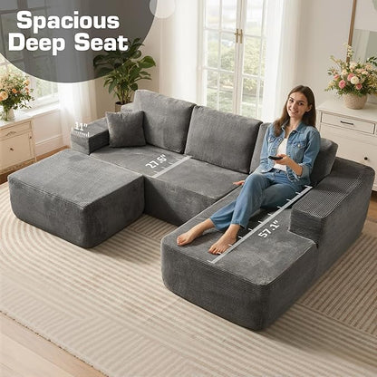 106" Cloud Sectional Couch with L-Shape Chaise & Ottoman, No Assembly Modular Sofa, Deep Seat Corduroy Boneless Couched for Living Room (Gray Stripe Corduroy, Right Facing Chaise with Ottoman)