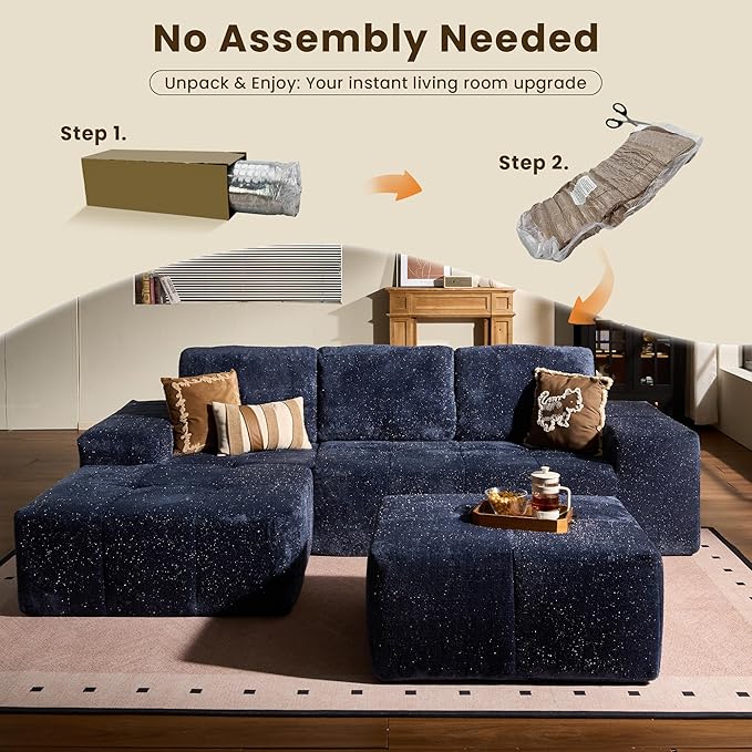 114" Glitter Cloud Sectional Couch with L-Shape Chaise & Ottoman, Modern Boneless Couches for Living Room, Fluffy Tufted Deep Seat Modular Sofa No Assembly (Blue Sparkly Velvet,Left Facing)