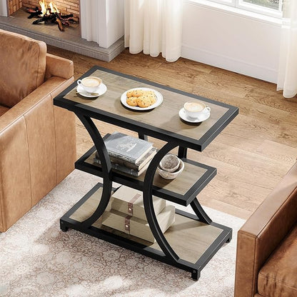 Tribesigns End Table with Storage, 3-Tier Side Table with Geometric Metal Design, Industrial Nightstand for Small Spaces, Living Room, Bedroom, Study Room (2, Grey)