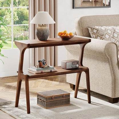 Tribesigns Set of 2 Wood End Table, Farmhouse Narrow Side Table with Storage Shelves, 2-Tier Slim Couch Side Table for Living Room, Long Bedside Table for Bedroom, Small Spaces, Rustic Brown