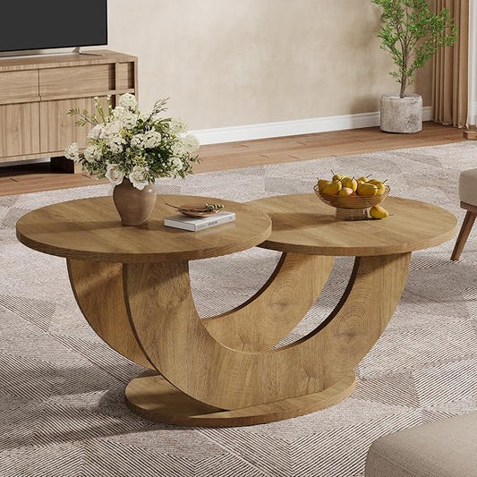 Tribesigns 46-inch Round Coffee Table, Modern Living Room Coffee Table with Funky U-Shaped Frame, Low Accent Center Tea Table for Home, Apartment, Oak
