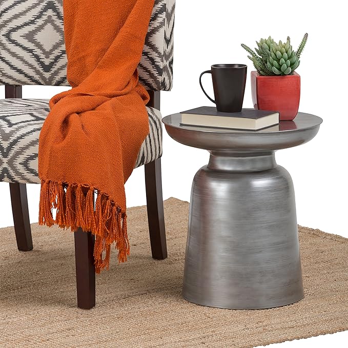 SIMPLIHOME Toby Metal Table - 17 inch Wide Solid Iron Drum Accent Table in Silver, Industrial Side or End Table for Living Room, Bedroom or Entryway with Sculptural Design, Assembled