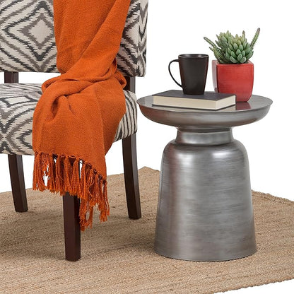 SIMPLIHOME Toby Metal Table - 17 inch Wide Solid Iron Drum Accent Table in Silver, Industrial Side or End Table for Living Room, Bedroom or Entryway with Sculptural Design, Assembled
