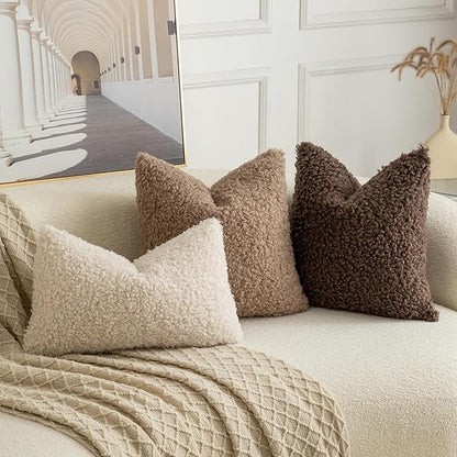 Pack of 2 Curly Teddy Wool Faux Fur Throw Pillow Covers Fuzzy Accent Soft Sherpa Pillowcases Sheepskin Fleece Decorative Cushion Case for Sofa Couch Living Room 18x18 Inch Khaki