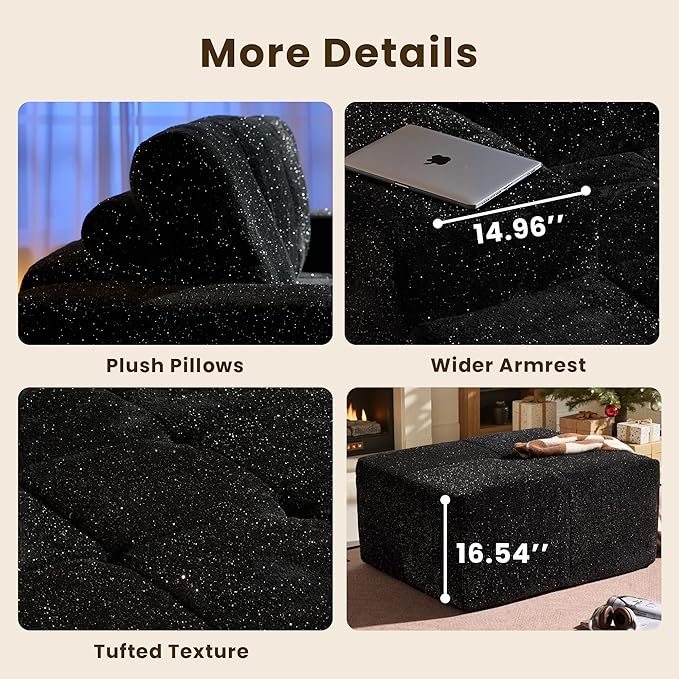 114" Glitter Cloud Sectional Couch with L-Shape Chaise & Ottoman, Modern Boneless Couches for Living Room, Fluffy Tufted Deep Seat Modular Sofa No Assembly (Black Sparkly Velvet,Left Facing)