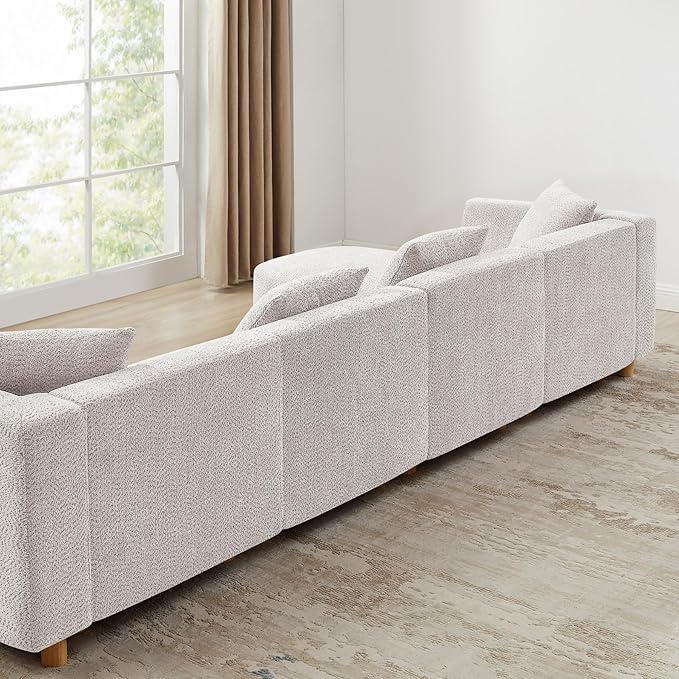 VANOMi 113" Sectional Sofa with 4 Pillows, U-Shaped 4-Seater Comfy Boucle Cloud Couch, Modern Double Chaises Lounge Sofas for Living Room, Office, Apartment (Light Khaki-U)