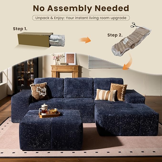 114" Glitter Cloud Sectional Couch with L-Shape Chaise & Ottoman, Modern Boneless Couches for Living Room, Fluffy Tufted Deep Seat Modular Sofa No Assembly (Blue Sparkly Velvet,Right Facing)