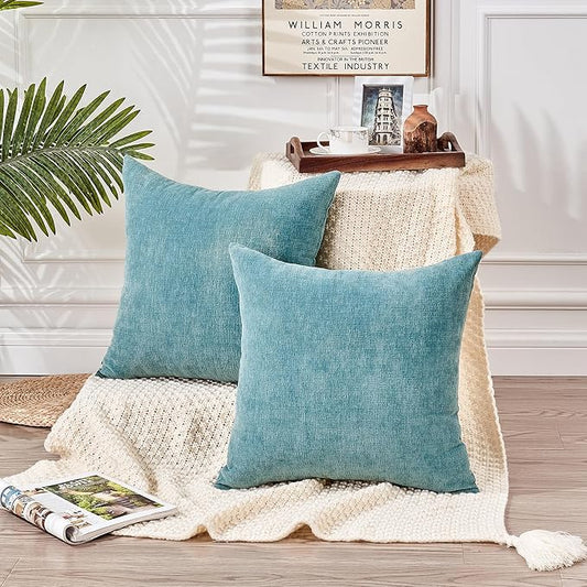 GAWAMAY Decorative Chenille Throw Pillow Covers 24x24 Inch Pack of 2, Soft Square Couch Pillow Cover for Sofa Cushion Living Room Bedroom Solid Dyed Pillowcases Smoke Blue 60x60cm (ONLY Covers)