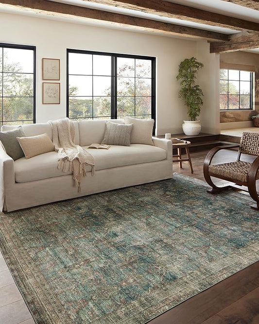 Loloi Magnolia Home by Joanna Gaines Banks Collection BAN-01 Ocean/Spice 2'-0" x 5'-0" .13" Pile Height, Machine Washable, Accent Rug