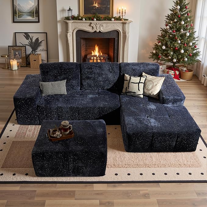 114" Glitter Cloud Sectional Couch with L-Shape Chaise & Ottoman, Modern Boneless Couches for Living Room, Fluffy Tufted Deep Seat Modular Sofa No Assembly (Blue Sparkly Velvet,Right Facing)