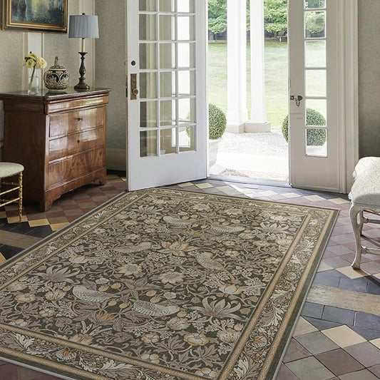 RUGGABLE x Morris & Co Washable Area Rug–Strawberry Thief Stone Gold 5x7, Stain-Resistant, Non-Slip–Medium Machine Washable Rugs for Living Room, Bedroom, Hallway, Entryway & Office–with Standard Pad
