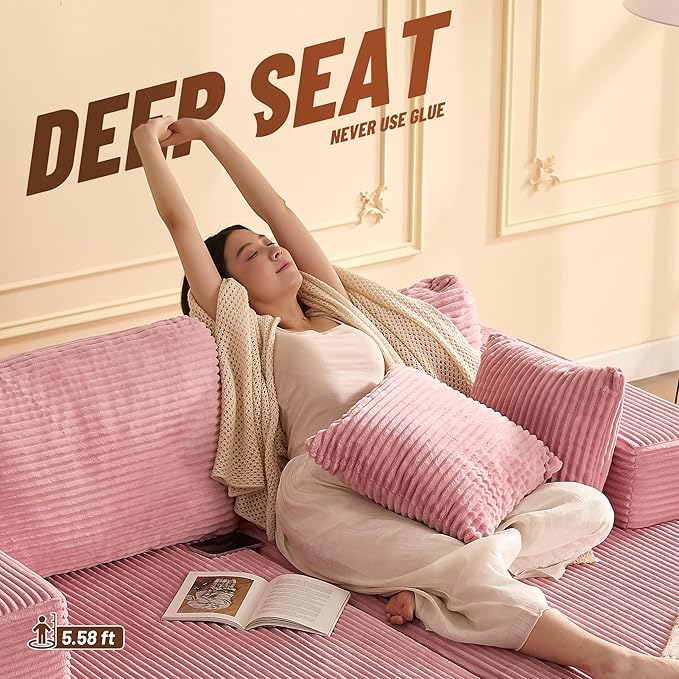 Chaise Lounge Chair, Boneless Couch for Living Room and Bedroom, Sleeper Couches Reading Chairs, Corduroy, Pink