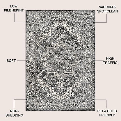 JONATHAN Y Vintage Medallion Indoor Area Rug Black 4X6, Modern Boho for Living Room, Bedroom, Kitchen, Office, Easy-Cleaning, High Traffic, Pet-Friendly, Non-Shedding MDP100D-4