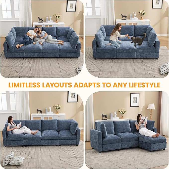 Modular Sectional Cloud Sofa Bed, 8-Seater Convertible Sofa Couch with Ottoman, Modern Deep Seat Sleeper Sofa for Living Room, Chenille Blue
