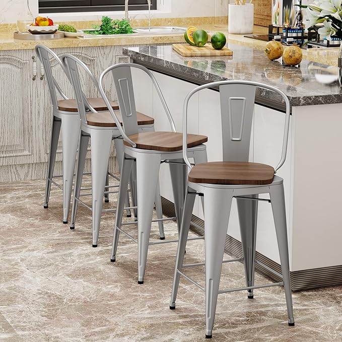 Aklaus Swivel Metal Bar Stools with Backs Counter Stools Set of 4 Counter Height Stools High Back Bar Chairs 24 Inches Barstools Farmhouse Silver