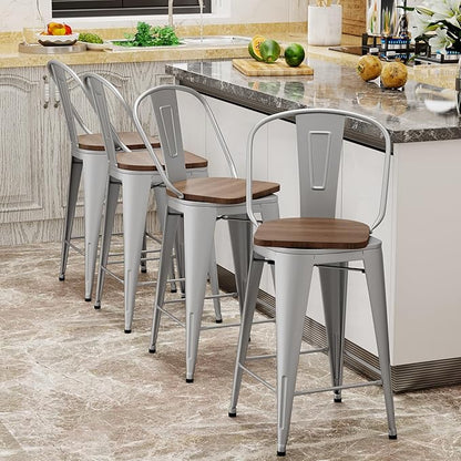 Aklaus Swivel Metal Bar Stools with Backs Counter Stools Set of 4 Counter Height Stools High Back Bar Chairs 24 Inches Barstools Farmhouse Silver