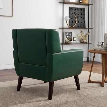 Accent Chair, Mid-Century Modern PU Leather Chairs with Arms for Living Room, Comfy Upholstered Club Single Sofa Armchair for Bedroom Waiting Room with Solid Wood Frame（Leather Green, Set of 2)