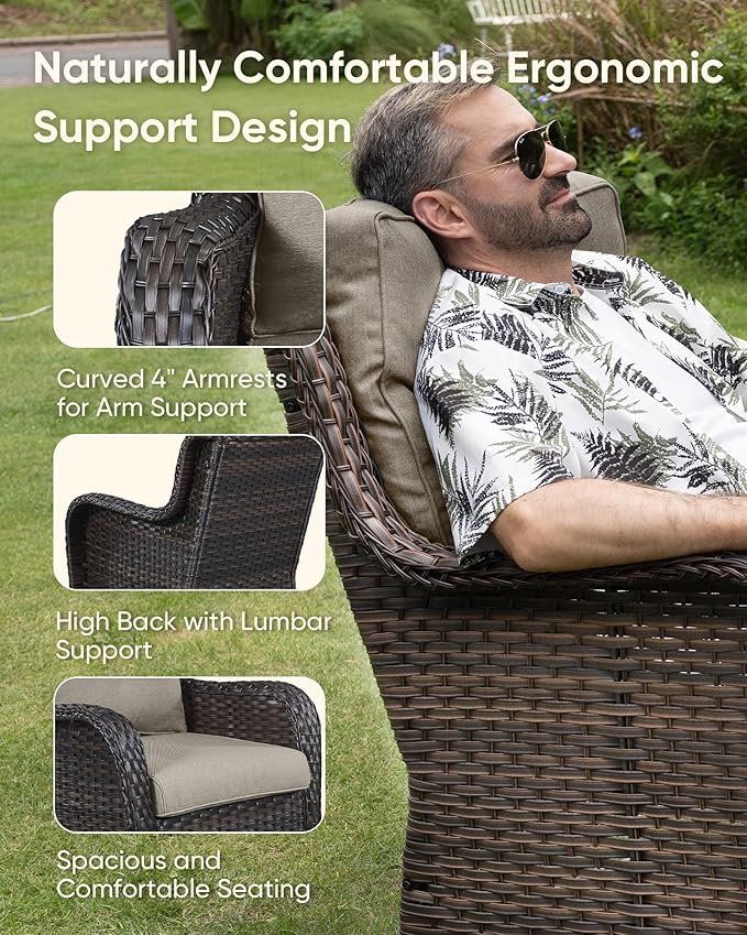 HUMMUH Wicker Patio Furniture High Back Swivel Rocker Patio Chairs Outdoor Bistro Set with Ottomans Side Table for Porch Garden Deck