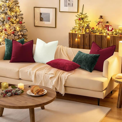 decorUhome Christmas Green Chenille Throw Pillow Covers 12x20 Set of 2 Thick Textured Slubby Couch Pillow Covers Farmhouse Accent Modern Neutral Decorative Pillow Cases for Bed Sofa Living Room