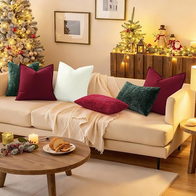 decorUhome Christmas Red Chenille Throw Pillow Covers 12x20 Set of 2 Thick Textured Slubby Couch Pillow Covers Farmhouse Accent Modern Neutral Decorative Pillow Cases for Bed Sofa Living Room