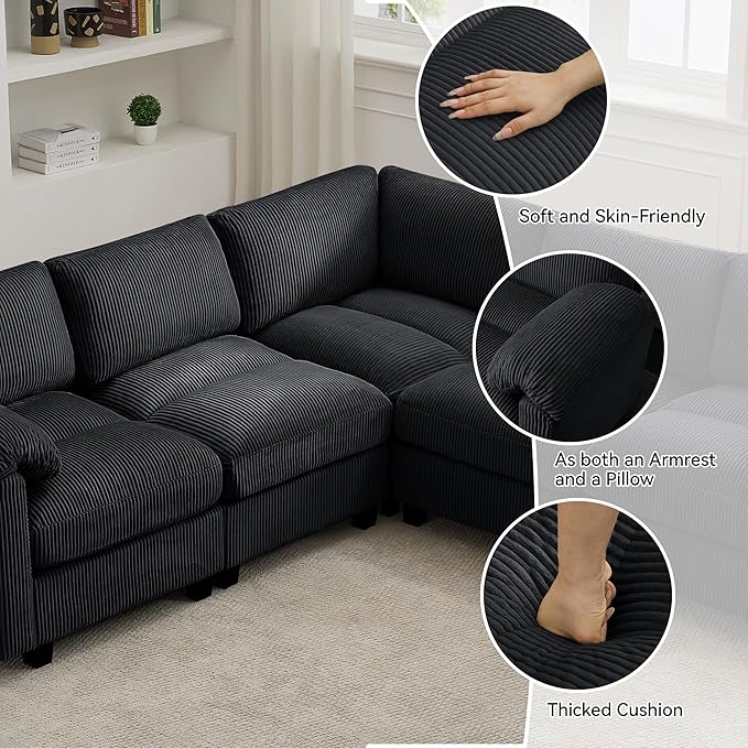 114'' V-Shaped Sectional Cloud Couch with Ottoman, 7-Seater Modular Couches for Living Room, Corduroy Oversized Deep Seat Sofa with Center Stitched, Black