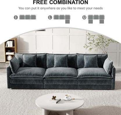 Modular Sectional Sofa, 111.5 Inch I-Shaped Cloud Sofa with Deep Seat Chenille Sofa with Cushions, Three-Self Sectional Sofa for Living Room Apartment,Gray