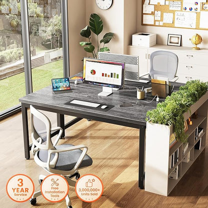 Huuger 55 x 24 inch Desk with Power Outlets & USB-C, Deeper & Thicker Desktop, Robust Metal Tubes, Computer Desk, Heavy Duty Office Desk, Work Gaming Desk for Home Office, Grey