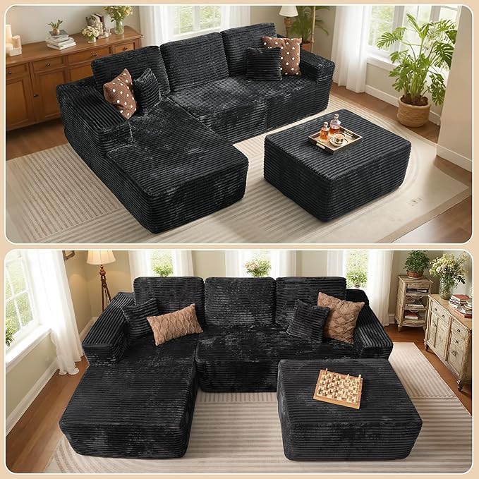 37.1" Ottoman for Couch, Plush Corduroy Memory Foam Ottoman Cloud Boneless Sectional Couch for Living Room Foot Stools No Assembly Require, Plush Corduroy,Black