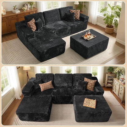 37.1" Ottoman for Couch, Plush Corduroy Memory Foam Ottoman Cloud Boneless Sectional Couch for Living Room Foot Stools No Assembly Require, Plush Corduroy,Black