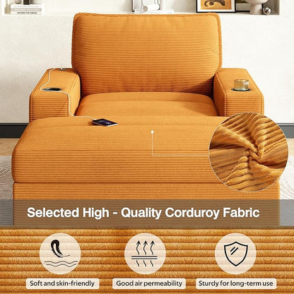 Christopher Knight Home Zoe Oversized Chaise Lounge Chair Indoor with Cup Holders & USB Charging Port, Corduroy Upholstered Sofa Bed + Ottoman with Storage, Comfy Deep Seat Sleeper Sofa Chair, Yellow