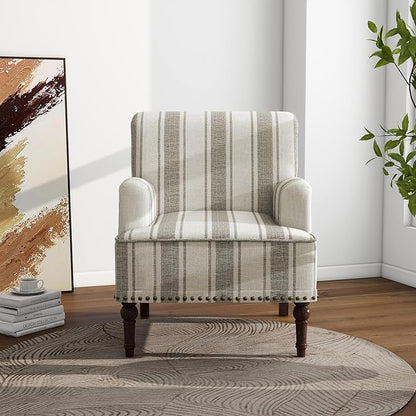 Accent Chair, Mid Century Modern Comfy Armchair for Living Room, Linen Fabric Single Sofa Lounge for Reading Bedroom Apartment Waiting Room with Wood Legs (Brown Stripe, Set of 1)