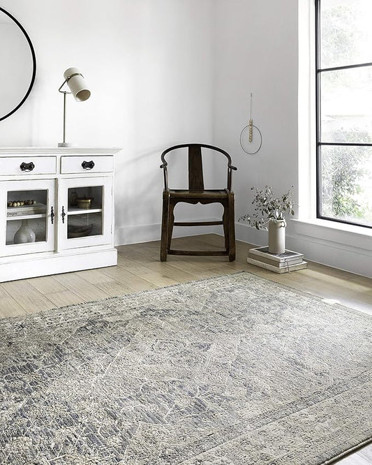 Loloi Teagan Collection TEA-04 Sky/Natural 6'-7" x 9'-2" Area Rug, Large, Soft Neutral Rug, High-Traffic for Living Room, Bedroom, Home Office, Dining Area