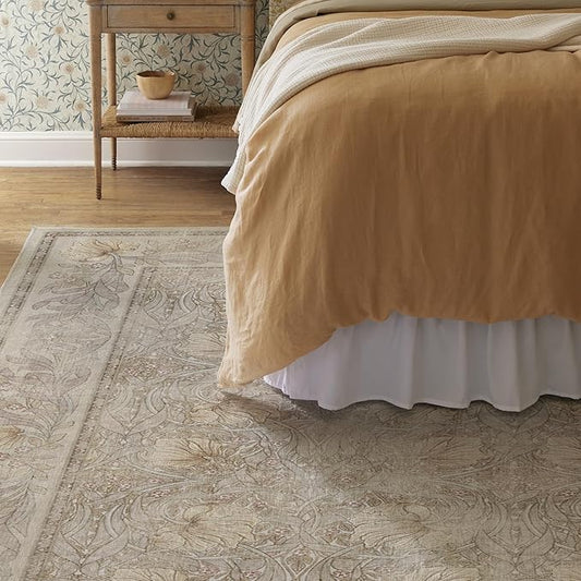 RUGGABLE x Morris & Co Washable Area Rug – Pimpernel Vintage Stone 8x10, Stain-Resistant, Non-Slip – Large Machine Washable Rugs for Living Room, Bedroom, Hallway, Entryway & Office–with Standard Pad