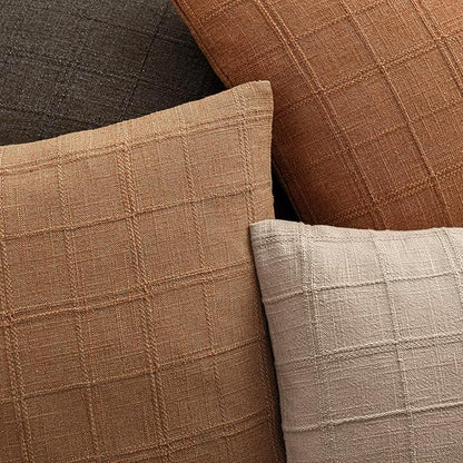Foindtower Set of 2 Decorative Linen Check Throw Pillow Covers Neutral Farmhouse Vintage Cushion Covers Modern Boho Home Decor for Sofa Chair Couch Bedroom Living Room,16×16 Inch,Brick