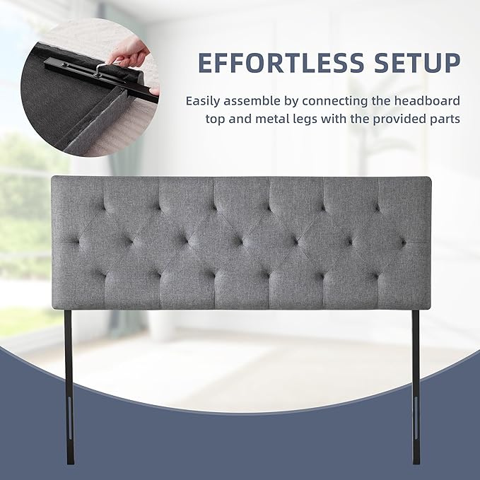 Linen Upholstered Headboard Full Size, Modern Diamond Tufting Solid Wood Full XL Headboard Only, Adjustable Height from 37” to 51” Head Board, Bed Frame or Wall Mount Headboards, Light Grey